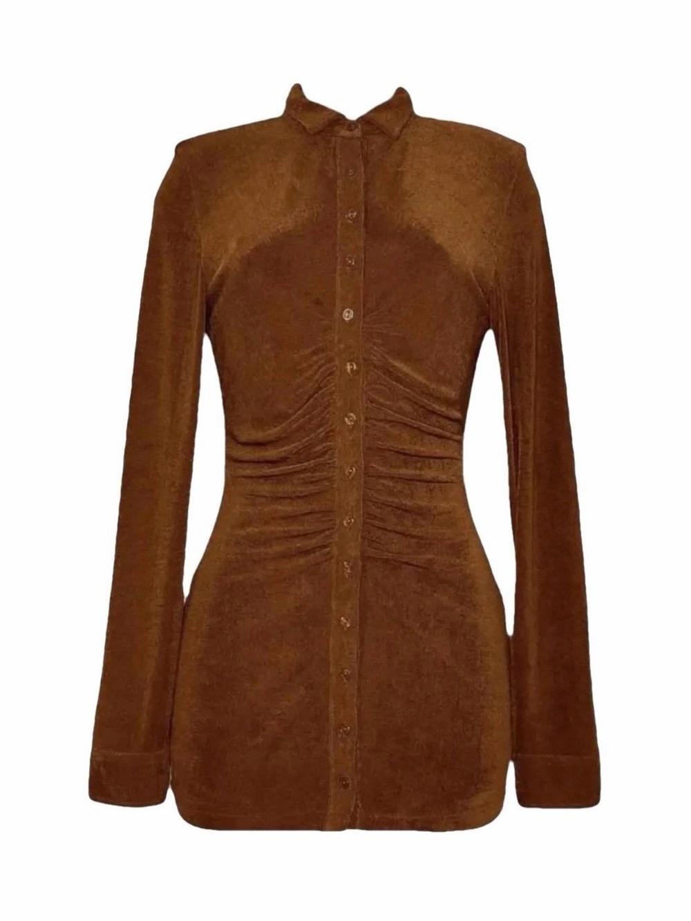 With Jean Ruched Front Brown Button-Up Shirt
